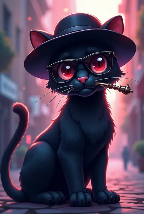 Anime style cute black panther wearing black raybans with black hat and smoking hookah