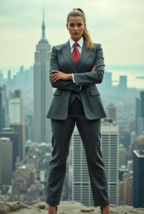 A curvaceous woman in grey pinstriped three-piece suit, white shirt, big red paisley necktie, blonde ponytail, standing in stomping pose wearing black platform heels, cityscape background of mega-city, urban sprawl, small towns, hazy cloudy atmosphere, (be...