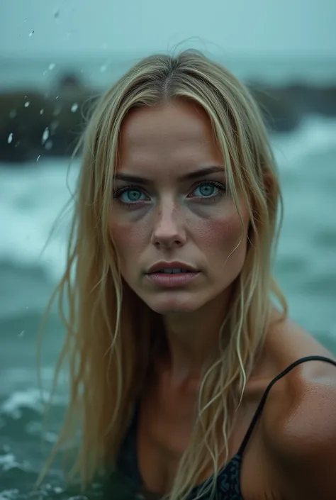 under the rain, completely soaked by the rain, in the middle of the waves, close-up of a white woman, At 40 years old, long straight blonde hair, blue eyes, thin, historical photography, ultra - realistic, natural light, 5d canon, dslr camera, 50mm, style ...