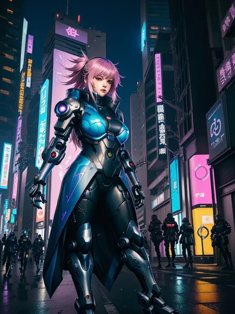 a woman in a futuristic suit standing in a city street, anime cyberpunk art, female cyberpunk anime girl, cyberpunk anime girl mech, anime cyberpunk, cyberpunk anime girl, digital cyberpunk anime art, oppai cyberpunk, modern cyberpunk anime, digital cyberp...