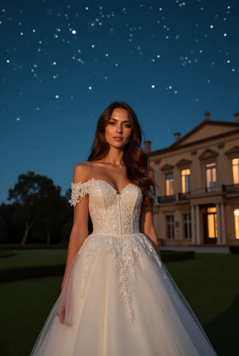 Bride from the front, Full body, Starry sky, the estate, Italy, wedding dress, A-Lines, glitter, rhinestones,off-the-shoulder, elegant,  luxury, high quality, 8k, super detail, best quality, high details, Masterpiece, retina, Exactly, super detail, super d...