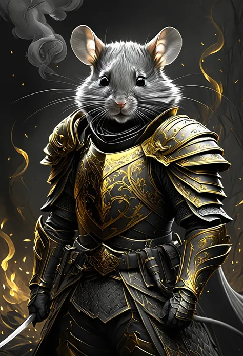 Black pencil shading, charcoal drawing, Colored paper, Pencil drawing, Cruel Darkness/coloring scheme, Gray pattern,，
Common Mouse, Thin and tattered armor, Curled tail in curiosity, Surrounded by golden smoke, Capturing the Mystery, A magical atmosphere s...