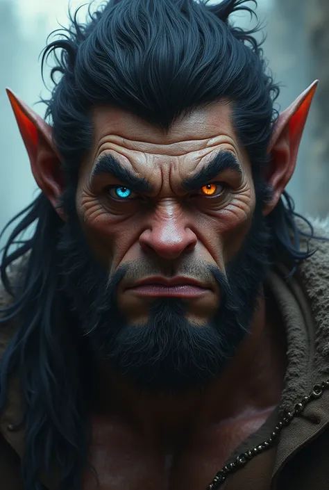 In the picture，A handsome wolf orc blushed on his face，Its hair is black，The left eye is blue and the right eye is