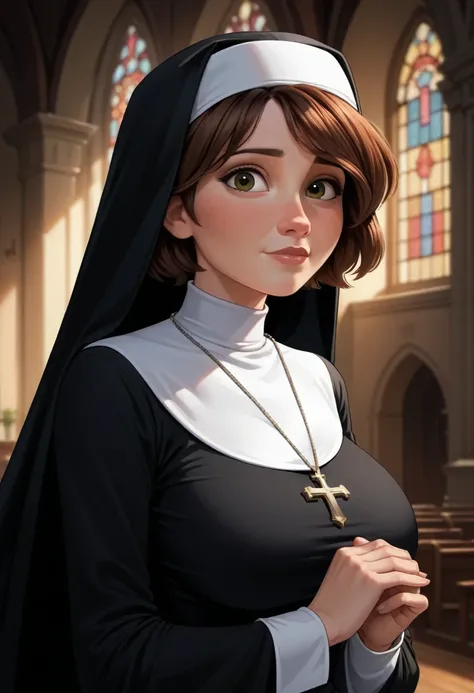 Cass from the movie "Big hero 6", Brown hair, short hair, big breasts, nun&#39;s clothes, sexy black panty, lifts her skirt with her hands, black pantyhose up to the hip, sexy black panty, in a church.