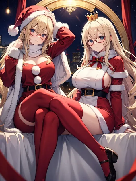 "Anime Girls, 1 person, Light blonde hair, Glasses, Crown on head, Santa Shirt, Santa costume, Winter Suits, Winter clothes, Red dress, Big Breasts, stockings, Stand with your legs crossed, Character&#39;s Viewpoint Snowfall, Christmas gift box, Christmas,...