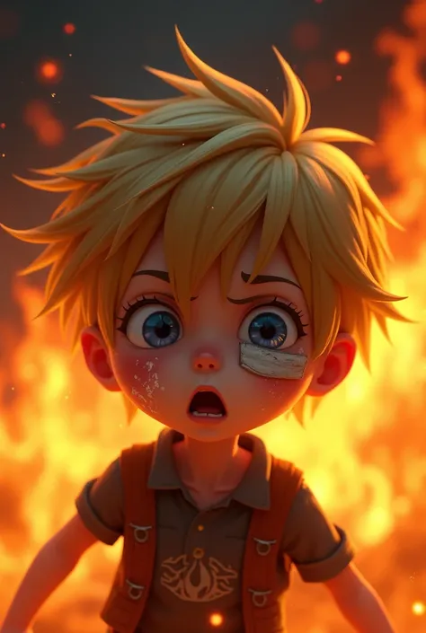 A small boy with blue eyes staring in shock and hurt on his face and a bandaged left eye with golden hair surounded by flames