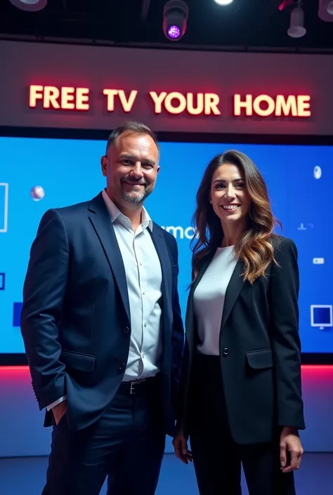 Man and woman making a very striking advertisement on television with a text that says (digital terrestrial television (free tv for your home)) All in Spanish 