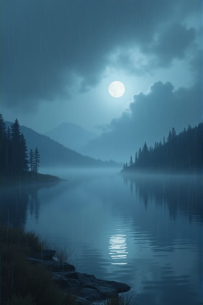 Create a beautiful place cloudy weather with drizzle moonlight lake 