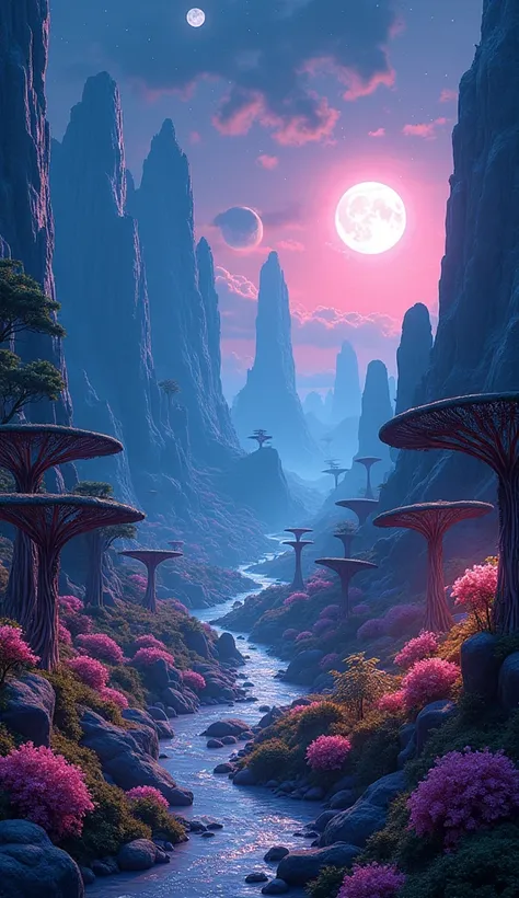 paysage extraterrestre:1.5, (meilleure qualité, Maître de la Paix: 1.3), (hyperdétaillé, hyperréaliste couleur: 1.5), Un jardin cosmique de flore exotique et de montagnes surréalistes.... La nuit, le paysage est illuminé par la bioluminescence..., parfait ...