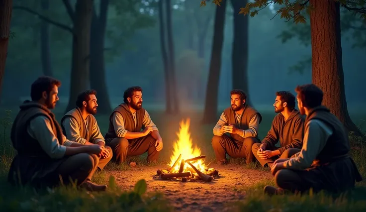 YouTube banner showing a forest clearing at dusk. En el centro de la imagen, a bonfire is burning, surrounded by people wearing medieval peasant clothes. They are sitting in a circle around the fire, with one of them gesturing and telling a story, while th...