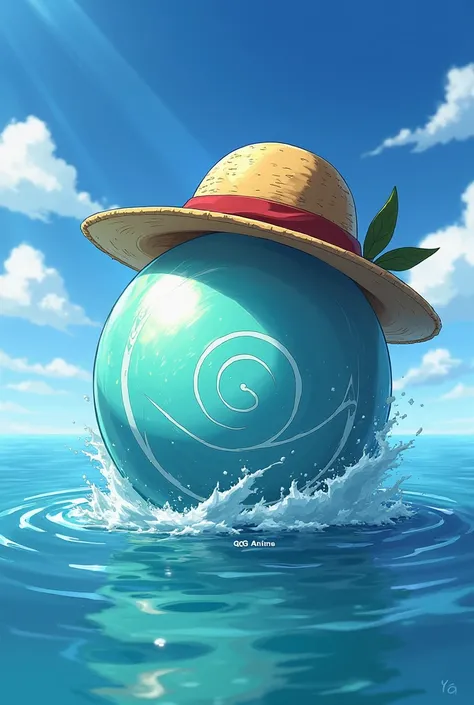 Anime style image with the 4-star dragon ball like the one in Dragon Ball Z wearing Luffy&#39;s straw hat, a Naruto bandana under the sphere , and written QG ANIME below the sphere, and the calm sea in the background image 