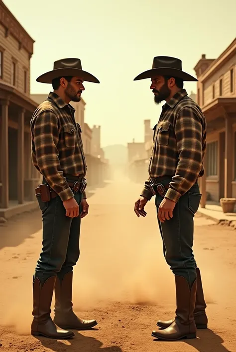 The image I describe shows two  typical western setting., as if it were taken directly from a classic film of the genre. they are standing, one in front of the other, on a dusty street in a small western town. In the background, you can see wooden building...