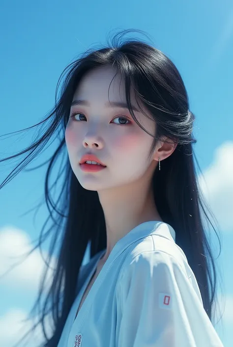 Make me a Chinese girl,with the blue sky,very pretty and blue. With long straight black hair blowing in the wind. With a thick line across the cheeks.