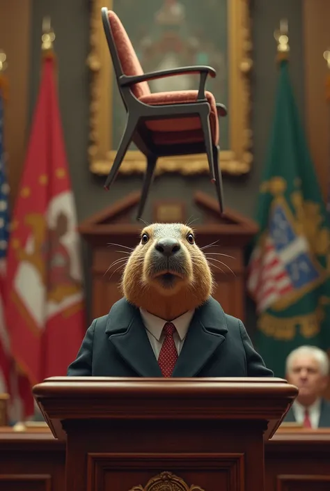 Chair flying towards political capybara during speech