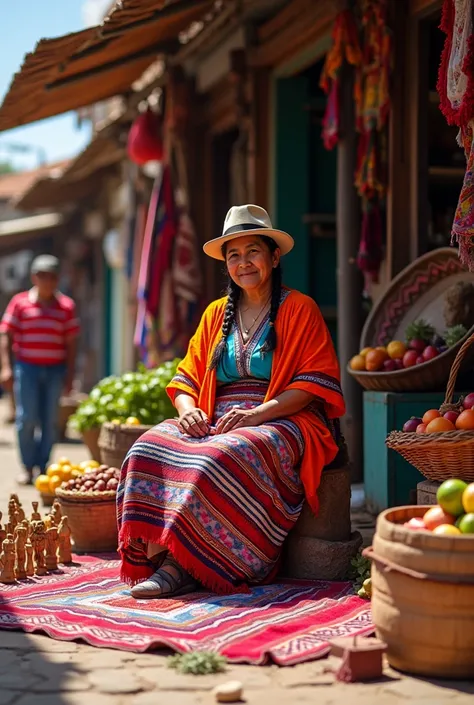 Make a picture of a cholita with her Aguayo sitting in front and selling