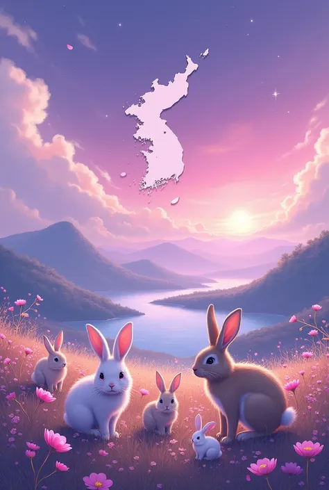 
A purple sky with the country of Korea and many rabbits walking around