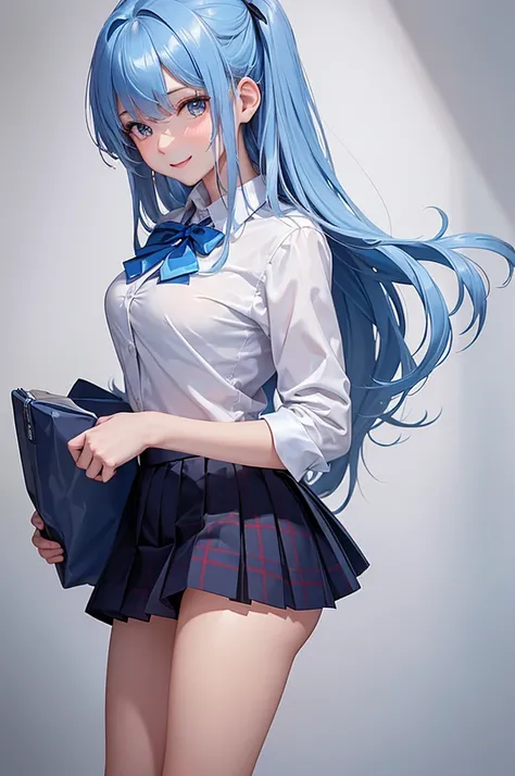 Best Quality,High resolution,8k,(plain white background, no patterns, no textures, just a plain white background:1.3),Masterpiece:1.2),beautiful girl,Big Breasts,(Shiny light blue hair:1.3),messy hair,Beautiful light blue eyes,Depict a Japanese high school...