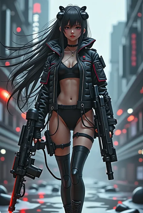 A delicate anime-style girl with long black hair, heavily armed with futuristic weapons.