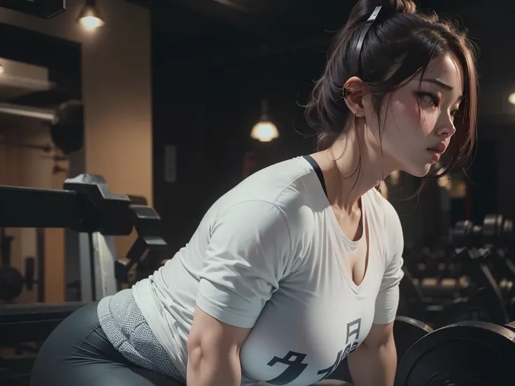 there is a woman that is squatting on a barbell, busty, busty chest, huge breasts, slim body, thin arms, thicc, thick thighs, thick hips, slim waist and wide hips, curvy accentuated booty, curvaceous, voluptuous, paag, chun li at the gym, sweat, inspired b...