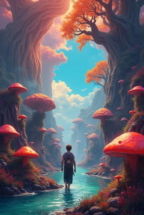 walking through a confusing psychedelic place, the place contains many different elements, like mushrooms, fire, water, sky, different colors, trees
