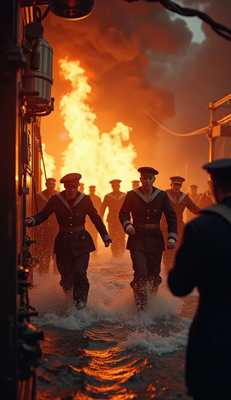 Close-up image of the interior of the command cabin of the burning American battleship, with sailors running in panic and throwing themselves into the sea, color image from the year 1900.