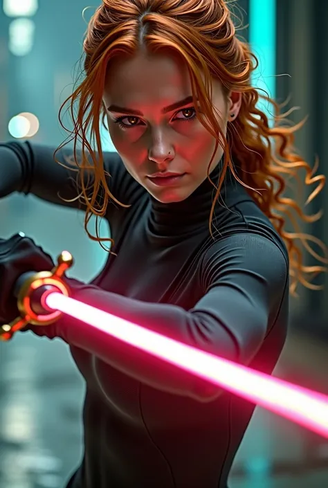 Une femme magnifique prête à se battre, elle tient un sabre laser, environ 25 ans, rousse, 8k Ultra HD, pose dynamique, proportions parfaites, yeux très détaillées, lumière dynamique