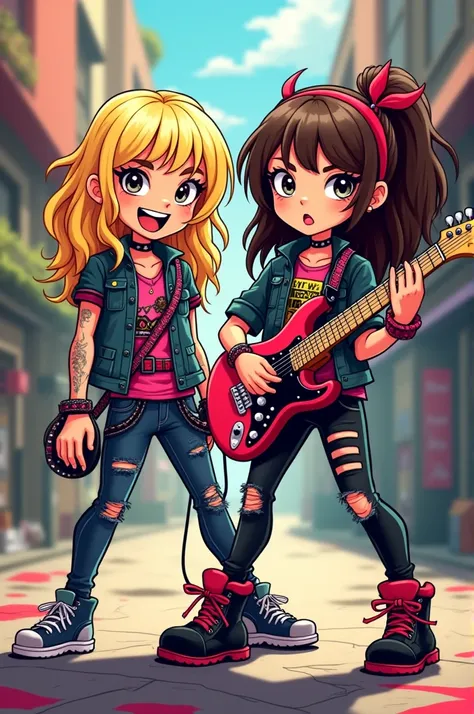 Create a cartoon image of two little girls, one being blonde and the other with brown hair, who are wearing black rock clothes, and one of them with a guitar.