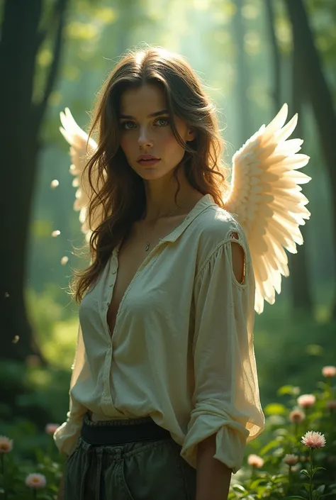 Beautiful woman in the forest wearing torn clothes accompanied by angels 