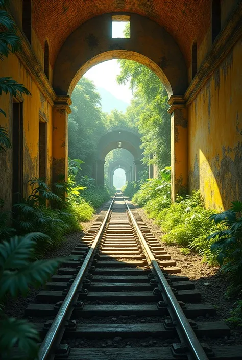 Train track, old structure, yellow walls, yellow bricks, plantation, sunlight, inside a tunnel, holes in the tunnel