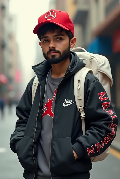 Bearded boy with white Jordan backpack and black jacket with red Mercedes cap 