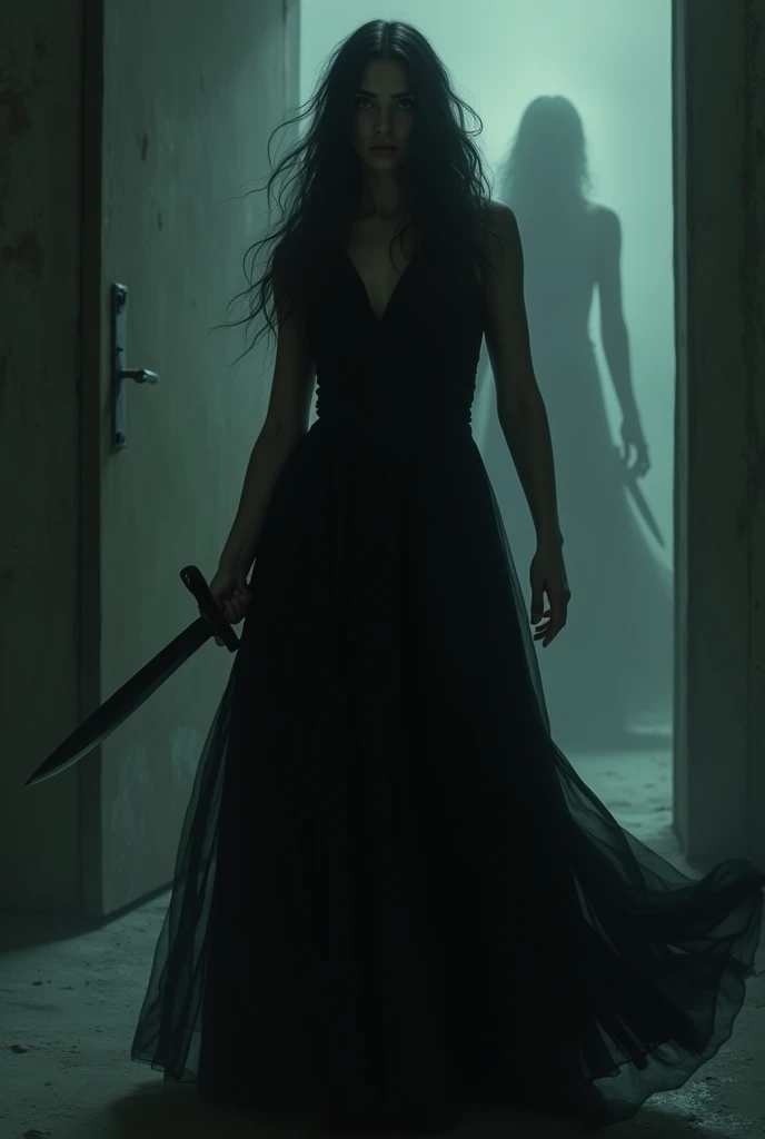 Ghost behind a woman in black dress holding a knife