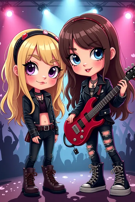 Create a very childlike cartoon drawing of two little girls, one being blonde and the other with brown hair, who are wearing black rock clothes, and one of them with a guitar.
In the background an image of a show 