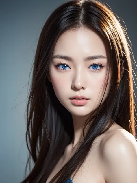 Asian Girl from South Korea, Long hair, blue eyes, beautiful, Textured skin, UHD, very detailed, high quality, quality, Details altos, Detail, anatomically correct, masterpiece, high resolution, necessary, The best quality, Awarded many times, Asian Girl f...