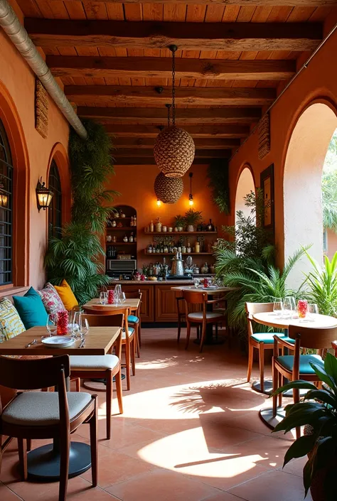 Restaurant avec décoration qui mélange les styles des deux régions, lAmérique du Sud et la France, par exemple, avec des couleurs chaudes et des matériaux naturels (bois, argile, etc.). Les touches latines peuvent sexprimer à travers des détails vibrants ,...