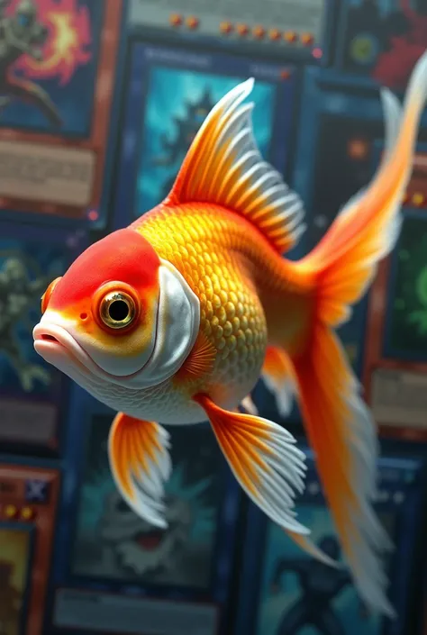 Realistic goldfish in front of yugioh cards