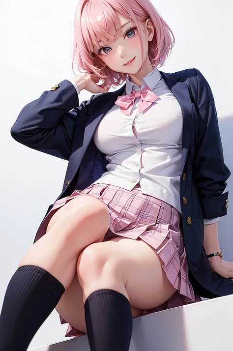 Best Quality,High resolution,8k,(plain white background, no patterns, no textures, just a plain white background:1.3),Masterpiece:1.2),beautiful girl,Big Breasts,(Shiny pink hair:1.3),messy hair,Beautiful pink eyes,Depict a Japanese high school girl. She i...