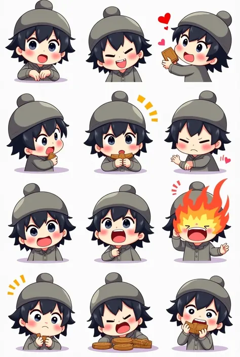 Emotes de twitch, anime, Chibi, foreground , 10 samples, chico, Medium long hair, Black diver, black hair, gray eyes, grey wool cap, Separate actions, Trite, happy, Hugging a heart, In the hands with dollars, Furious with fire behind, Eating cookies