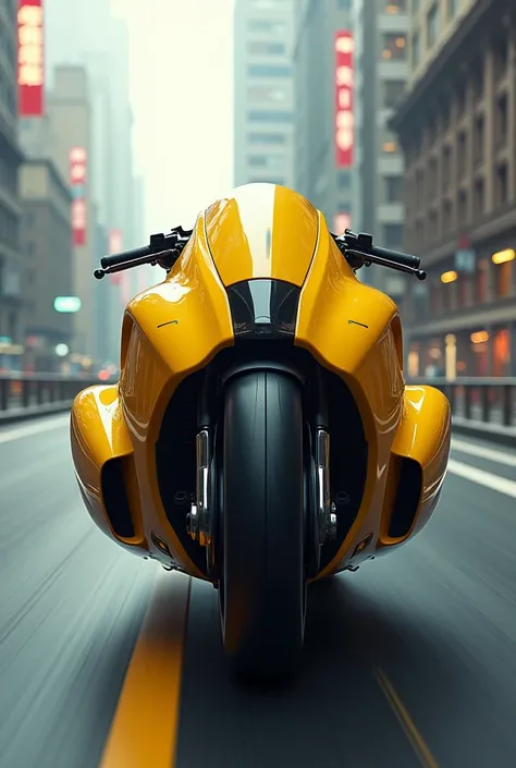 Image réaliste dune moto avec deux roues à lavant et une rue à larrière. Le carénage est jaune vif. La moto roule vite, image dynamique et cinétique avec des traces de vitesse derrière la moto