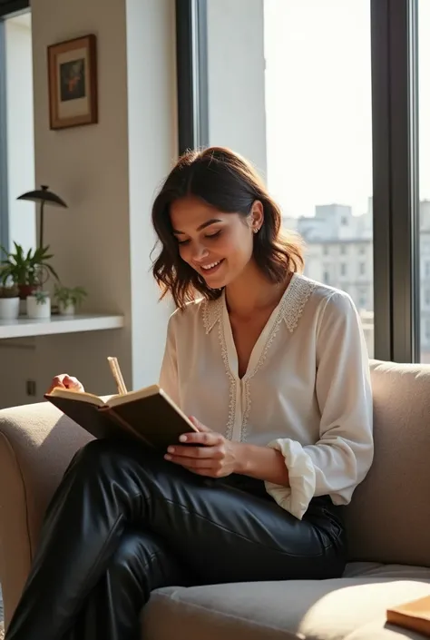  creer une femme hyper realiste    La femme est dorigine sud-américaine, avec des cheveux bruns clairs, ondulés et coiffés en une coupe élégante qui tombe juste au-dessus des épaules. Elle porte un ensemble chic composé dune blouse en soie blanche avec des...