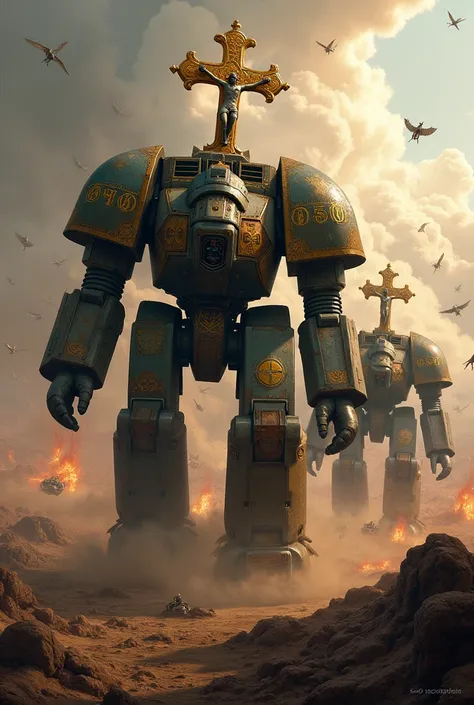 Catholic Dreadnoughts from 40K charging into battle with one carry a crucifix of Jesus. 