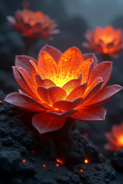 A glowing, molten lava flower, intricate petals of molten rock, fiery orange and red hues, ethereal and otherworldly, 3D render, detailed texture, dramatic lighting, cinematic composition, hyper realistic, 8K, photorealistic, professional, masterpiece, hig...