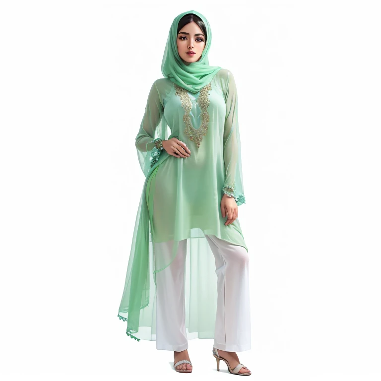 a woman in a green hijab stands on a beach, green tunic, sea - green and white clothes, pastel green, seafoam green, glistening seafoam, full length view, flowing aqua silk, wearing a long flowy fabric, chiffon, inspired by Nazmi Ziya Güran, teal tunic, an...