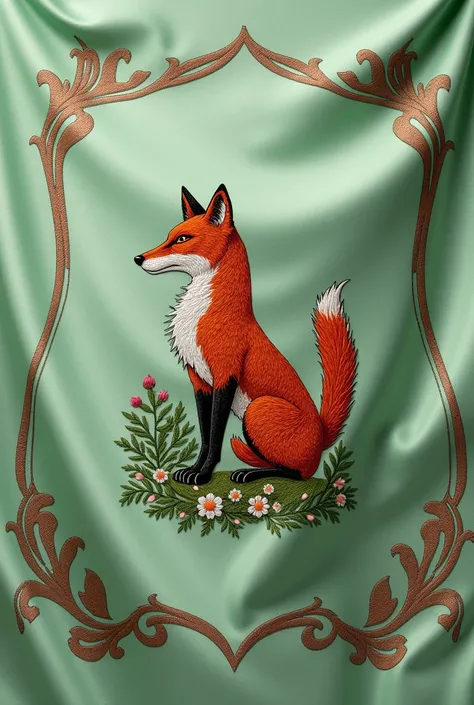 Coat of arms light green flag, with copper details on the edge and an embroidered fox 