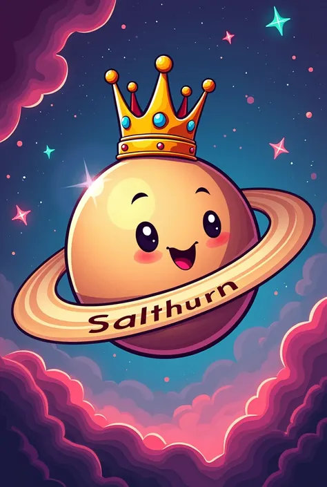 Make the planet Saturn with a crown on top with the name salthurn Music written on the ring Cartoon Style