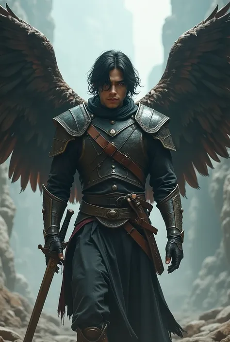 Un homme en tenue de combat légère qui tient une épée, mid length black hair, big wings 