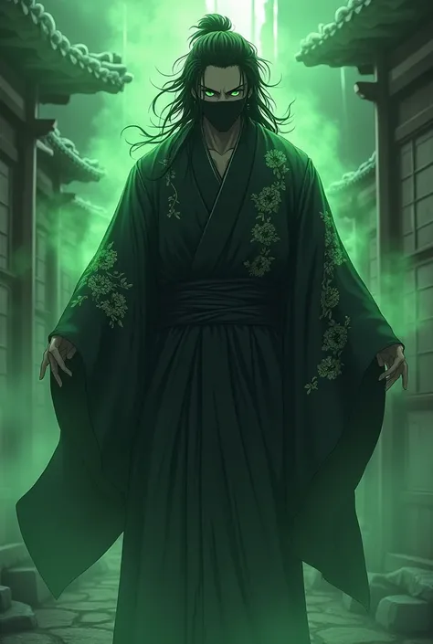 A Magical Man in a large black kimono with light green Japanese lettering details, Predator Eyes green mystical energy, with big black hair, with a black bandit mask that covers his neck and face. Realistic anime style