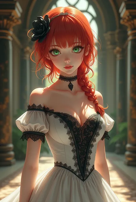 A beautiful girl with red hair and green eyes wearing a beautiful white Victorian era dress with black lace details in the background of an anime-style ancient era ballroom 