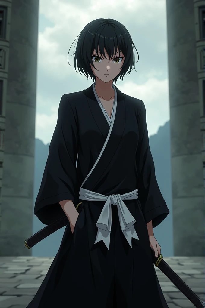 High-quality anime Bleach style make short black hair shinigami with a katana strap to his hip