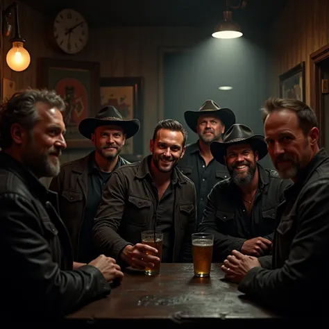 (realistic, photorealistic), dark bar, show several cowboys and bikers grinning and looking at the viewer