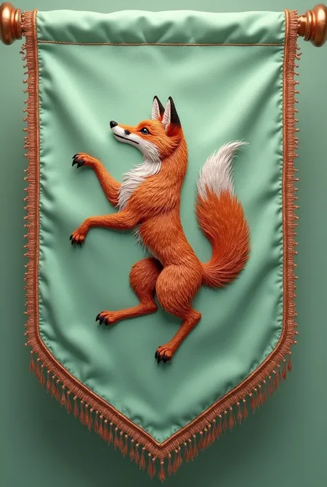 Coat of arms light green flag, with copper details on the edge and an embroidered fox 